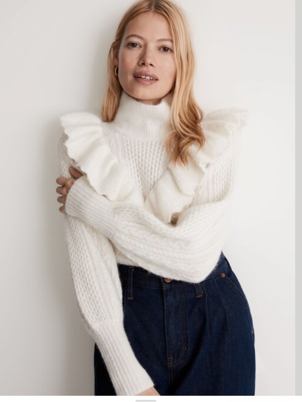 MADEWELL CABLE WINSLOW MOCK NECK PULLOVER RUFFLE SWEATER